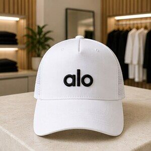 ALO Yoga White Black Sport Mesh Trucker Cap Hat Activewear